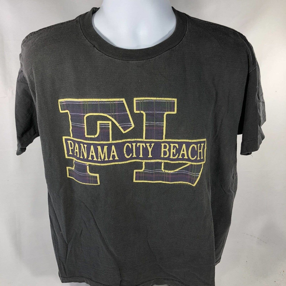 Vintage Panama City Beach Florida Single Stitch Size Medium Plaid Logo 90s 80s